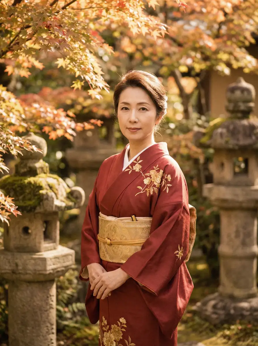 一位身穿暗红色和服的优雅 胜游亚洲网站 在日式庭院中